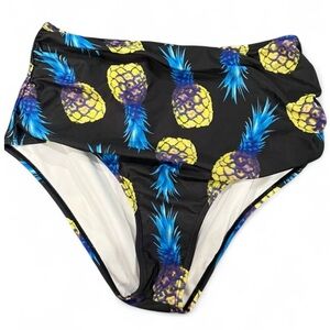 Tropical Electric Pineapple High Waist Bikini Bottom Size Large lightly ruched